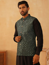 Embroidered Silk Blend Nehru Jacket-JOWC-4106Teal